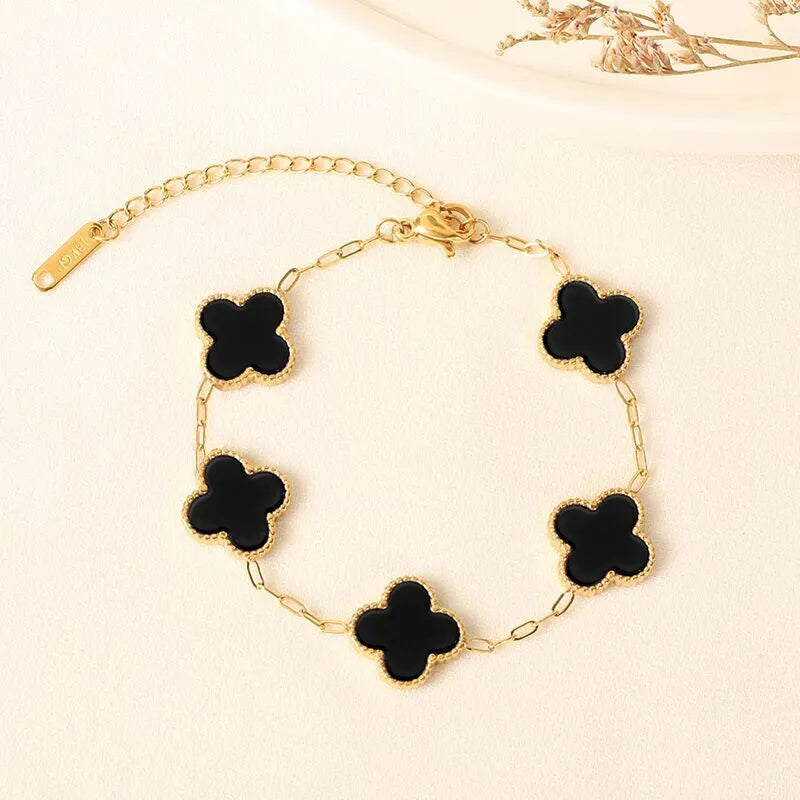 Now available!! Four Leaf Clover Titanium Steel Plating Inlay Acrylic Gold Plated Bracelet