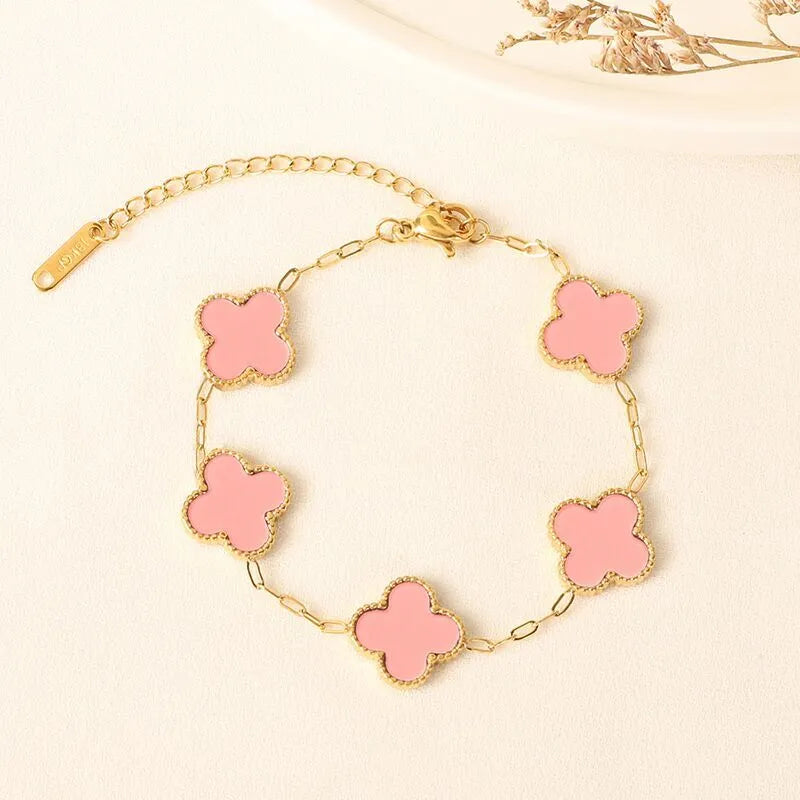 Out of Stock!! Four Leaf Clover Titanium Steel Plating Inlay Acrylic 18K Gold Plated Bracelets