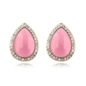 Rhinestones and Opal Stone Inlaid Water-drop Ear Studs - Pink