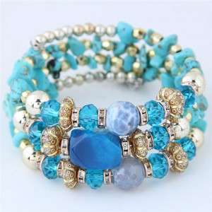 Bohemian Fashion Crystal and Artificial Turquoise Mixed Design Triple Layers Fashion Bracelet - Blue