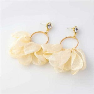 Cloth Tassel Floral Design Hoop Earrings - Beige