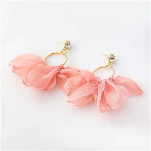 Cloth Tassel Floral Hoop Earrings - Pink