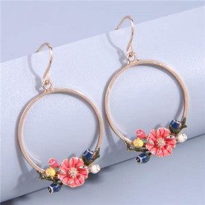 Oil-spot Glazed Flower Golden Hoop Design Costume Earrings