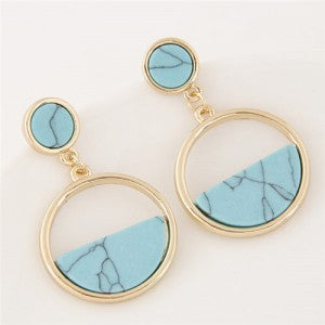 Resin Gem Inlaid Plain Fashion Dangling Golden Hoop Earrings - Teal