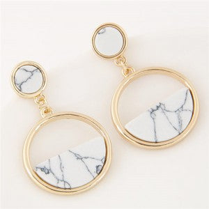 Resin Gem Inlaid Plain Fashion Dangling Golden Hoop Earrings - White